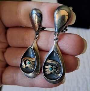 Vintage Sterling Silver & 15k Yellow Gold Clip On Earrings Peru Tribal Accent